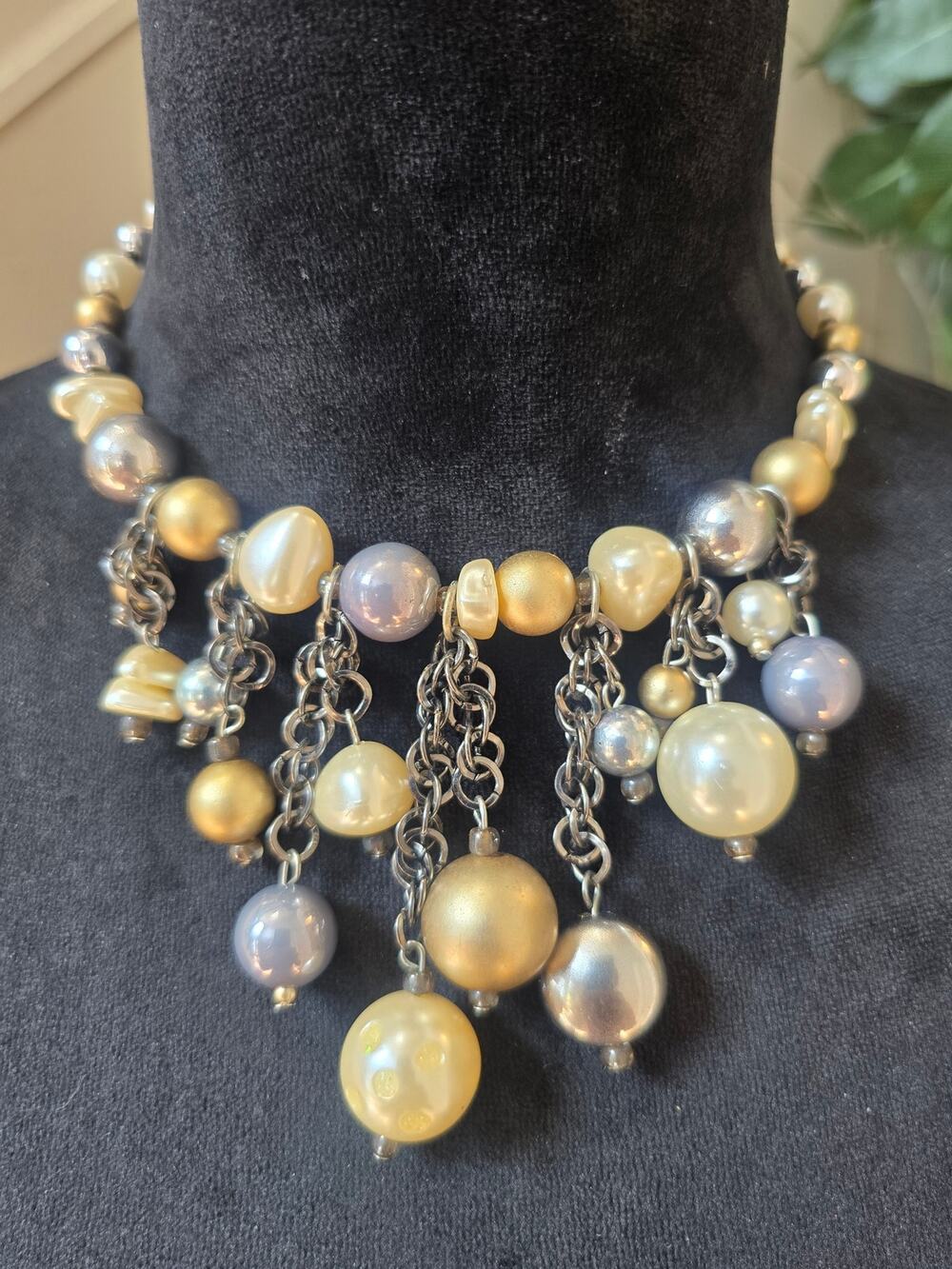 Gold Silver Pearl Beaded Charm Statement Necklace Dangle Cluster Fashion